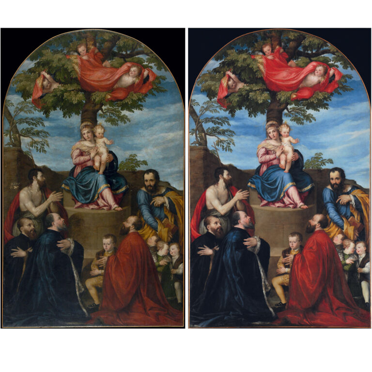 Before and After Conservation of Battista del Moro’s Virgin and Child with Saints John the Baptist and Mark and Members of the Marcello Family